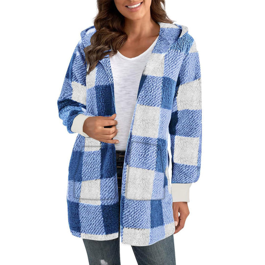Damen Fleecejacke mit Karomuster und Kapuze EB