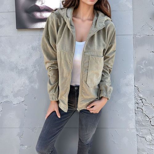 Damen lässige Cordjacke mit praktischen Taschen und elegantem Reißverschluss EB