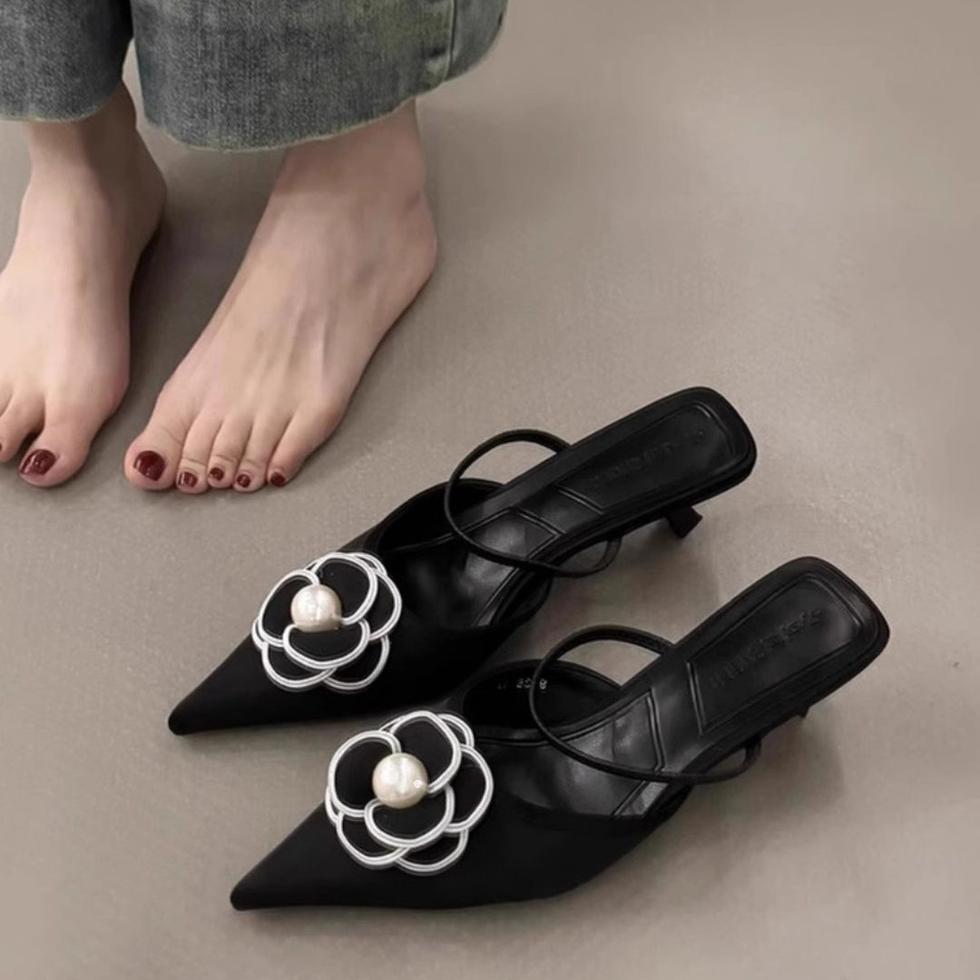 Damen Slingback Mules mit floralem Design und Perlenakzent EB
