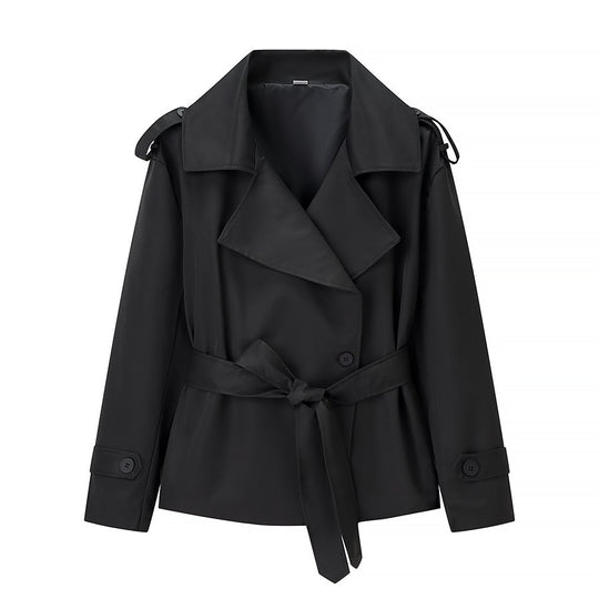 Damen nan kurzer taillierter Trenchcoat mit Bindegürtel, großem Revers und Manschettenriegel EB