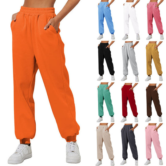 Damen nan lockere High‑Waist Jogginghose mit doppellagigem Komfortbund, seitlichen Eingrifftaschen und gerafften Knöchelbündchen EB