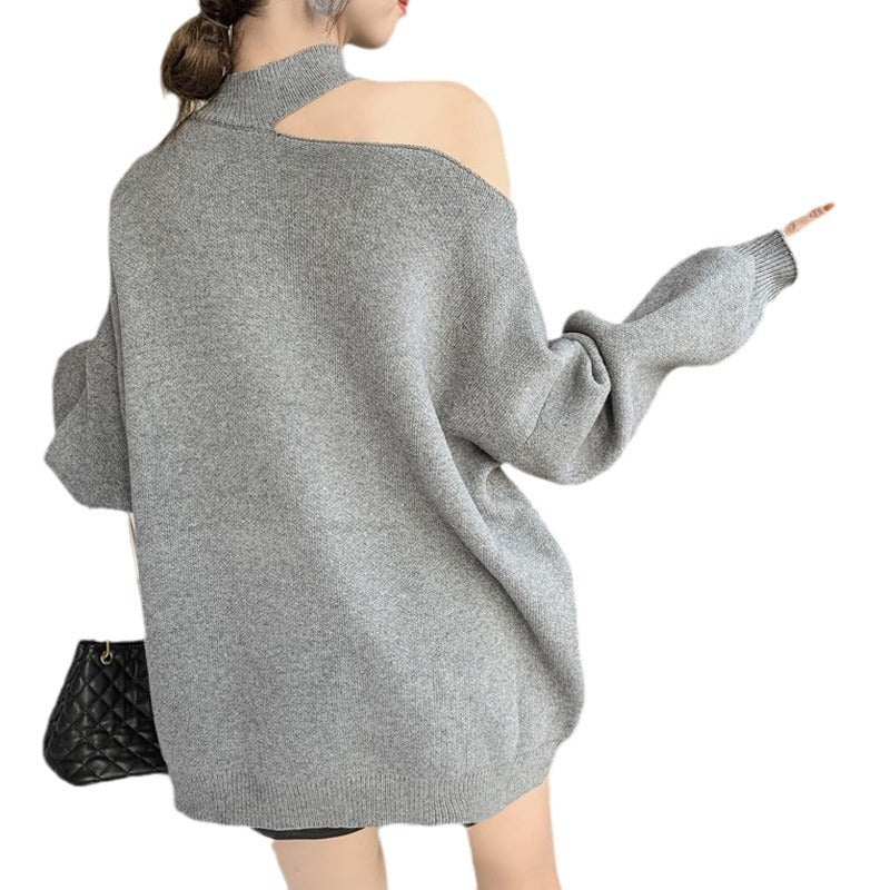 Damen modischer Oversized-Pullover mit schulterfreier Schnittführung und Rollkragen EB