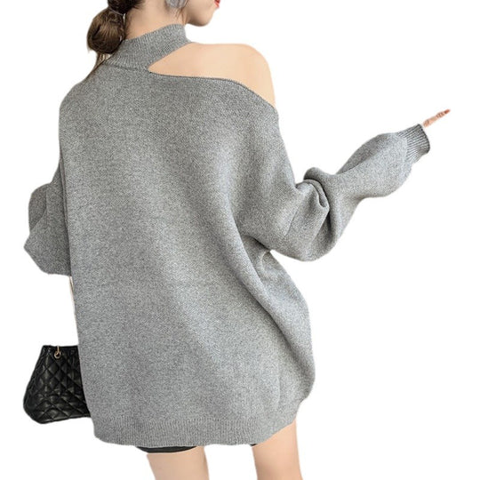 Damen modischer Oversized-Pullover mit schulterfreier Schnittführung und Rollkragen EB