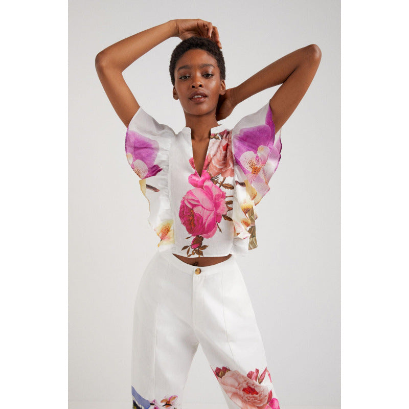 Damen Blusen- und Hosen-Set mit floralem Design und zarten Rüschendetails EB