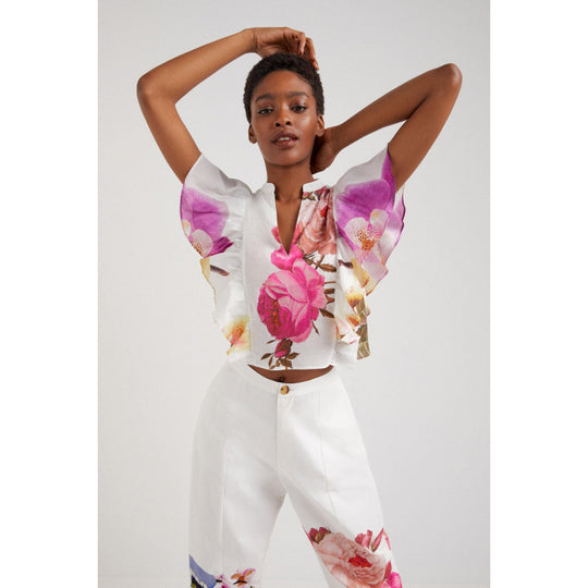 Damen Blusen- und Hosen-Set mit floralem Design und zarten Rüschendetails EB