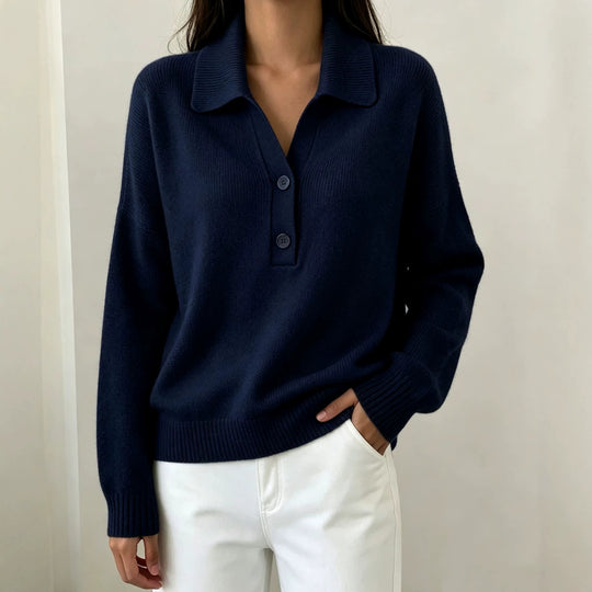 Damen Polokragen-Pullover mit halber Knopfleiste und geripptem Saum EB