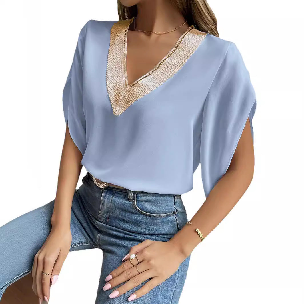 Damen elegantes V-Ausschnitt Oberteil mit dekorativen Details EB