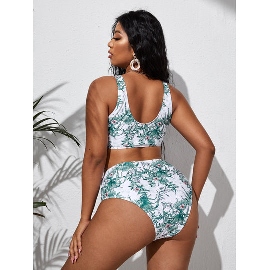 Damen Hochgeschnittener Bikini mit modischem Wickeloberteil und floralem Muster EB