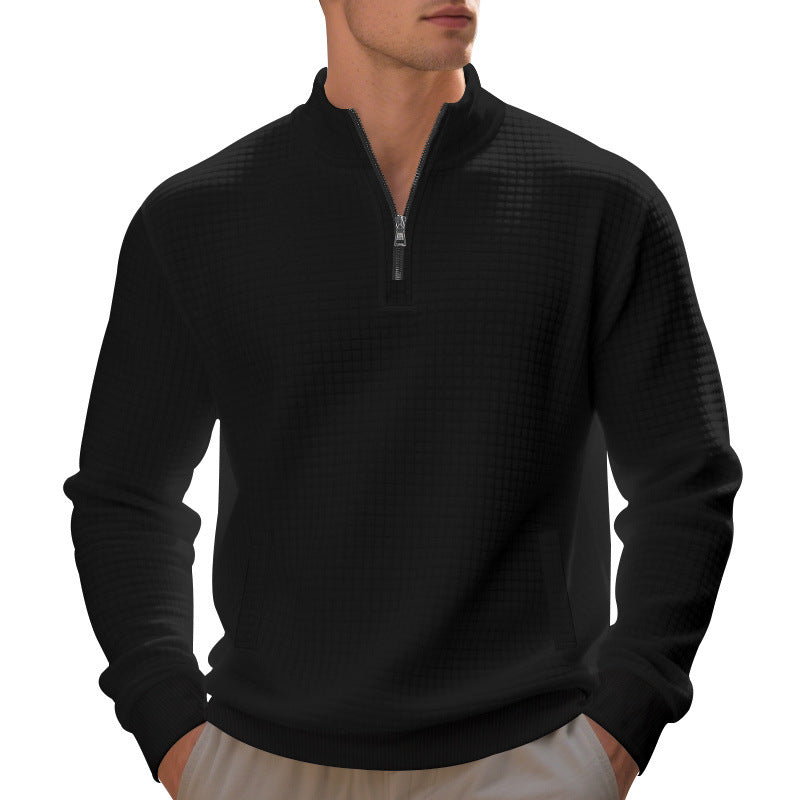 Herren Waffelstrick-Halbzip-Pullover mit Stehkragen, Kängurutasche & gerippten Abschlüssen EB