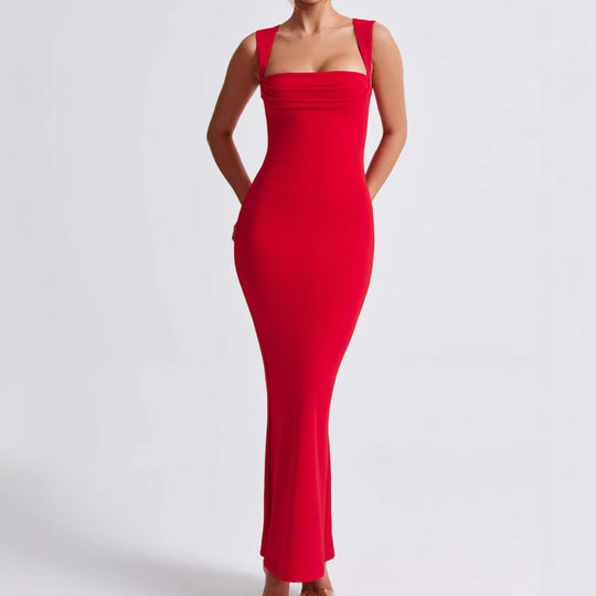 Damen Figurbetontes Maxikleid mit schmalen Trägern und elegantem V-Ausschnitt EB