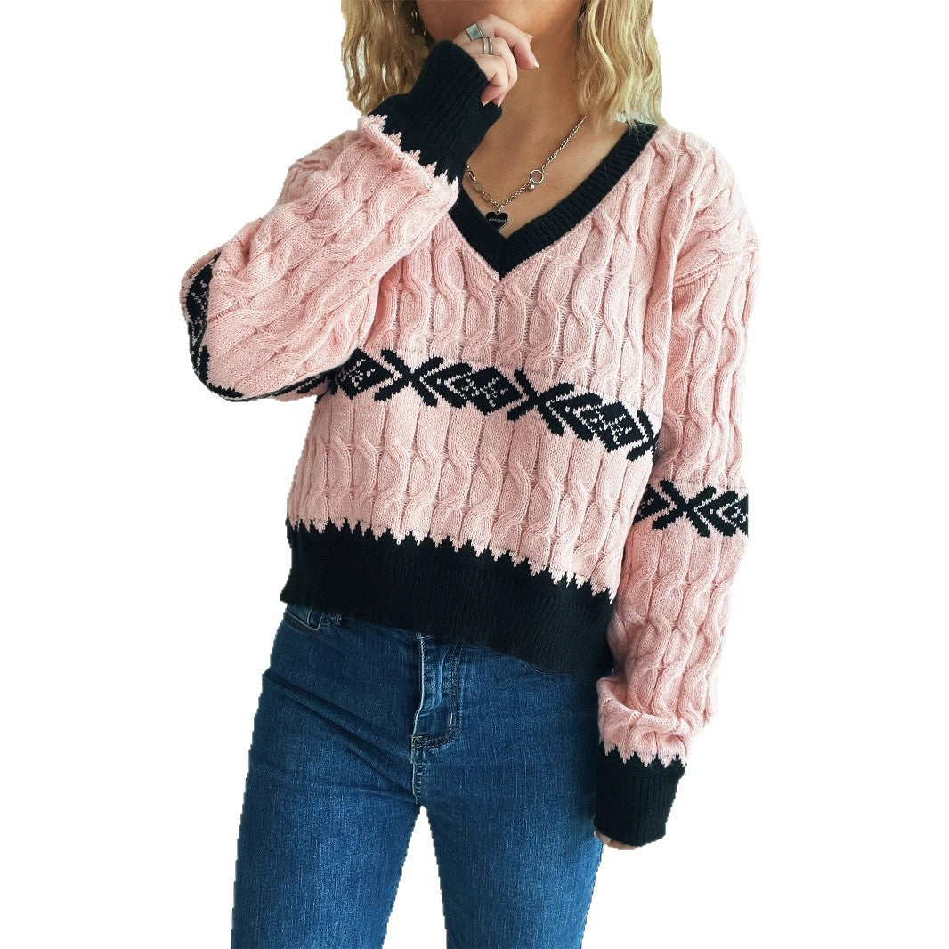 Damen lässiger Strickpullover mit modernem Zopfmuster und kontrastierenden Akzenten EB