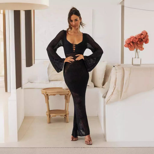 Damen langes Häkelkleid mit V-Ausschnitt und dekorativen Cut-Outs EB