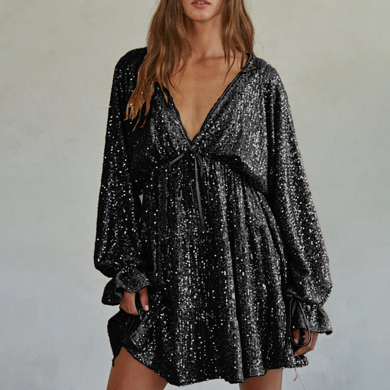Damen Funkelndes Festkleid mit V-Ausschnitt und Rüschendetails EB