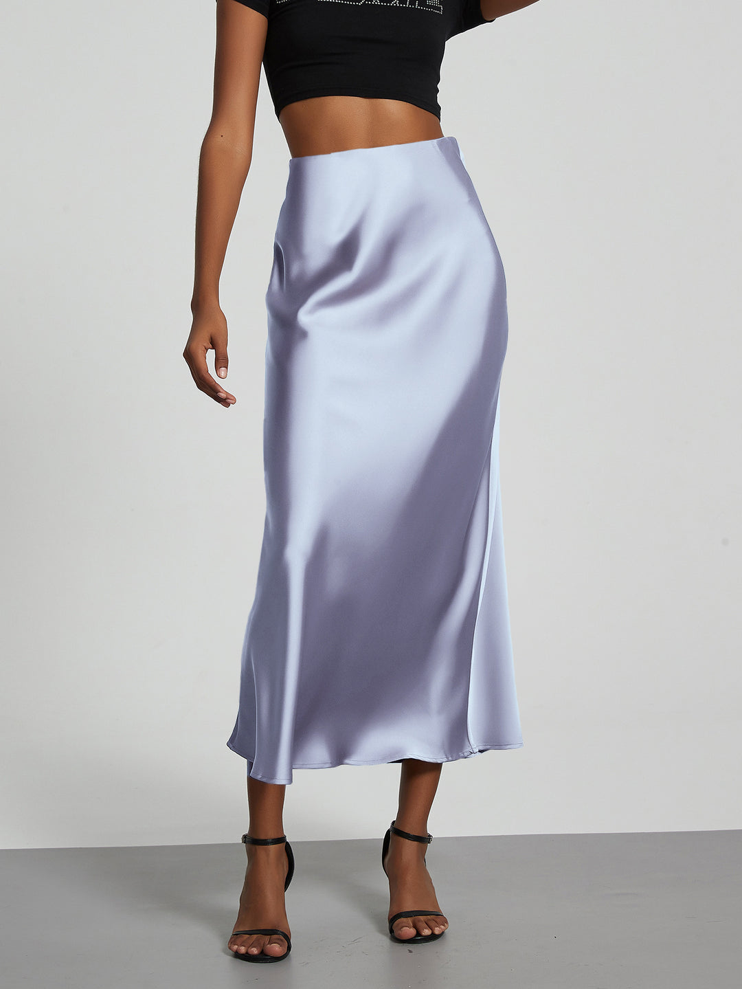 Damen Stilvolle Satin-Stretchrock mit hohem Bund und fließendem Schnitt EB