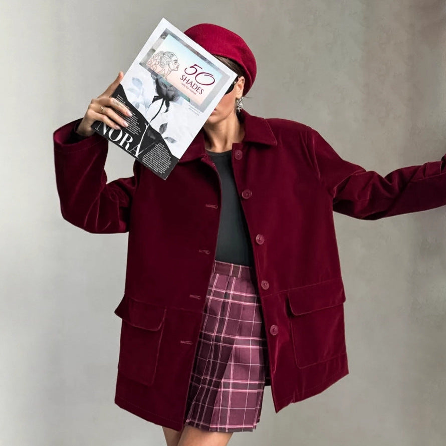 Damen Veloursjacke im modernen Oversized-Stil mit praktischen Taschen EB