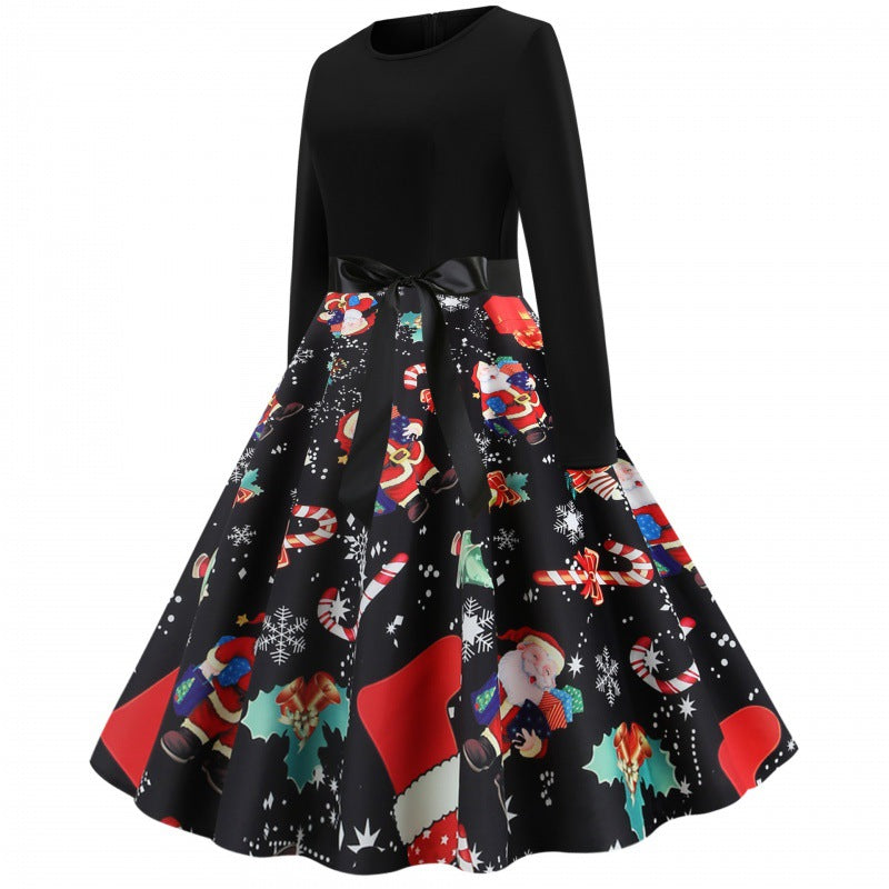Damen Weihnachtliches Vintage-Swingkleid mit Santa- und Zuckerstangen-Print, tailliertem Oberteil und Satinschleife EB