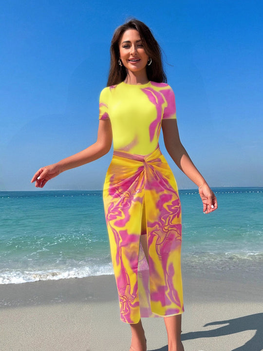 Damen modisches Strandkleid mit verknoteter Taille EB
