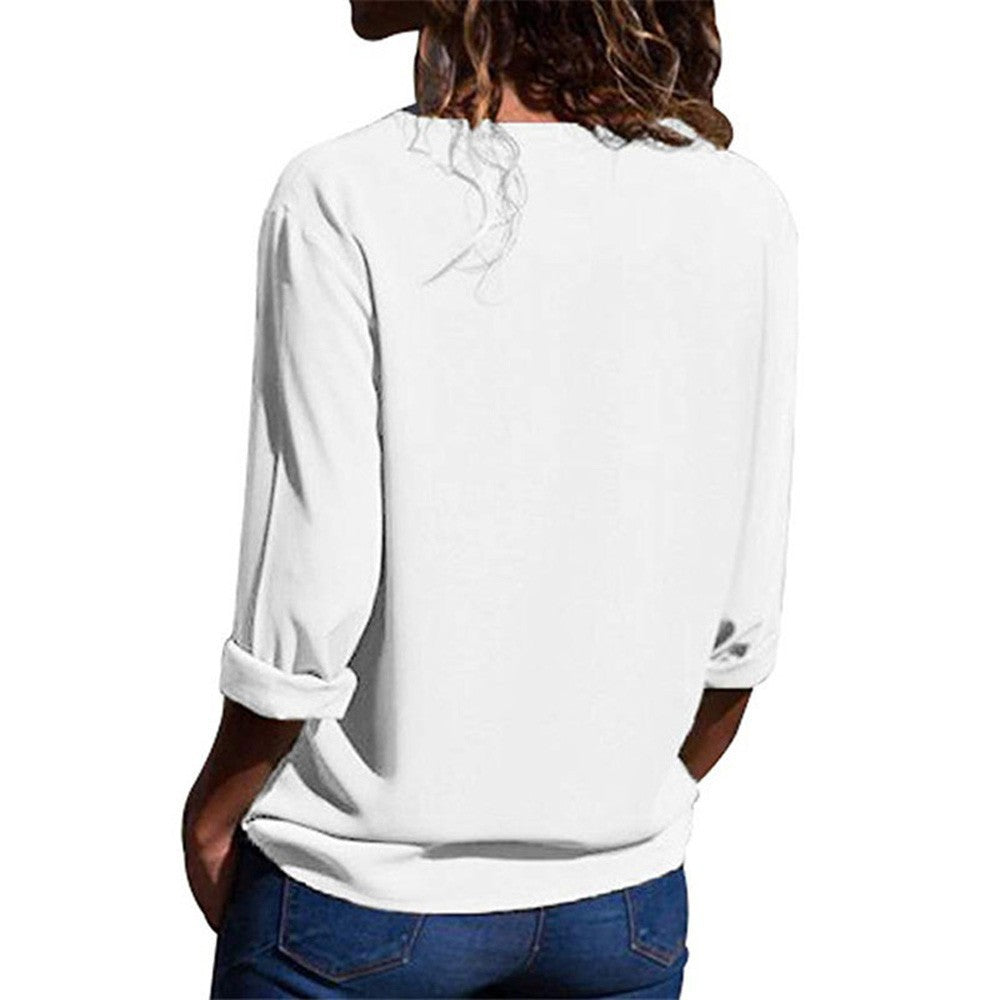 Damen elegante Bluse mit V-Ausschnitt und umschlagbaren Ärmeln EB