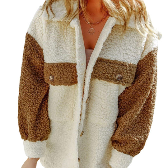 Damen nan oversized Teddy-Hemdjacke mit Kontraststreifen, aufgesetzten Brusttaschen und sichtbarer Knopfleiste EB