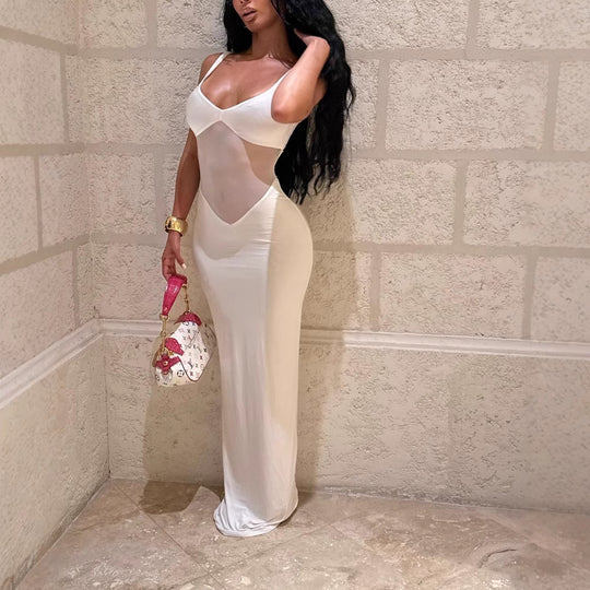 Damen Elegantes Maxikleid mit transparenten Einsätzen und figurbetontem Schnitt EB