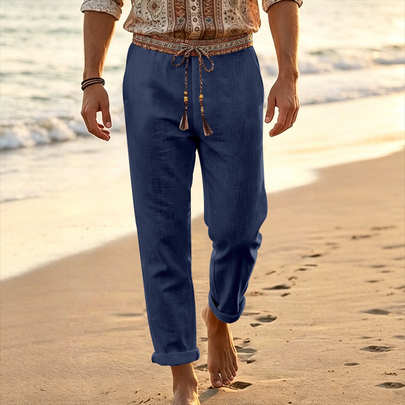 Herren nan maritime Leinen-Loungehose mit dekorativem Ethno-Bund, elastischem Tunnelzug und geradem Bein EB