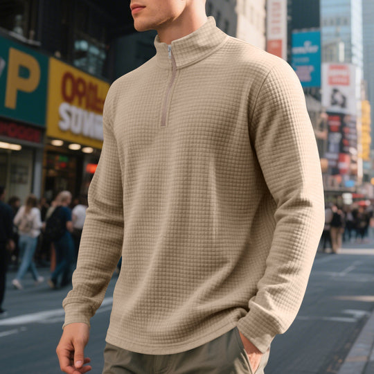 Herren nan leichtes Waffelstrick-Halbzip-Pullover mit Stehkragen und atmungsaktivem Baumwollmix EB