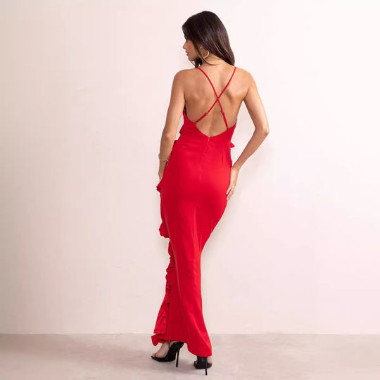 Damen Maxikleid mit voluminösen Rüschendetails und elegantem Beinschlitz EB