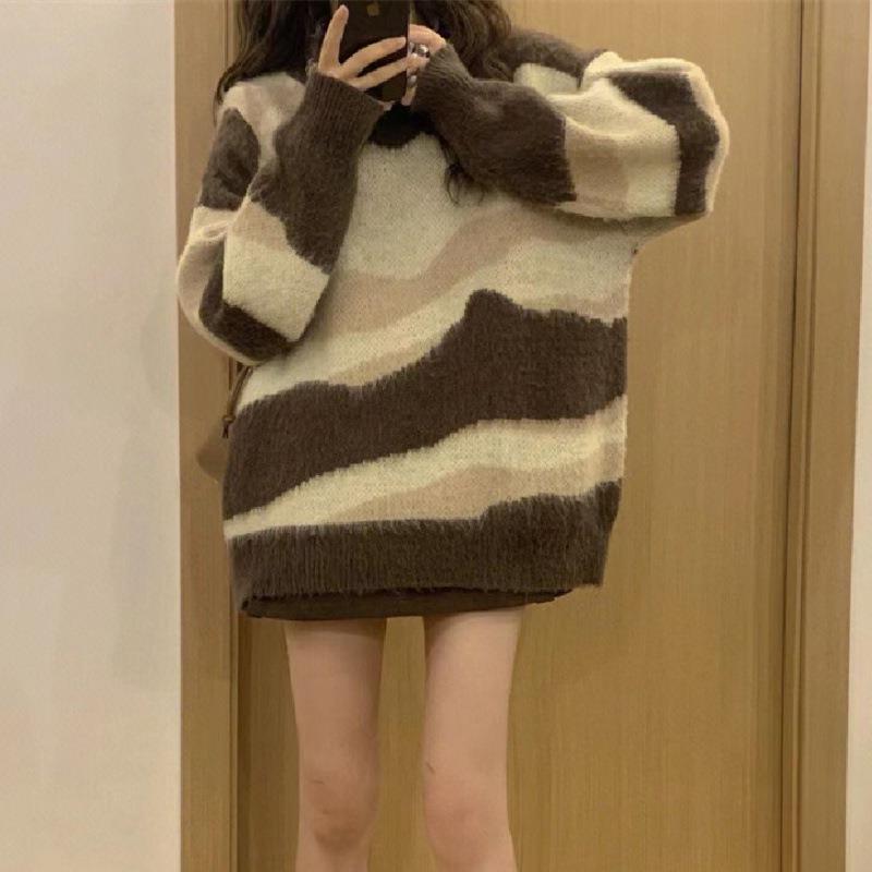 Damen Grobstrickpullover mit modischem Streifenmuster und lässigem Schnitt EB