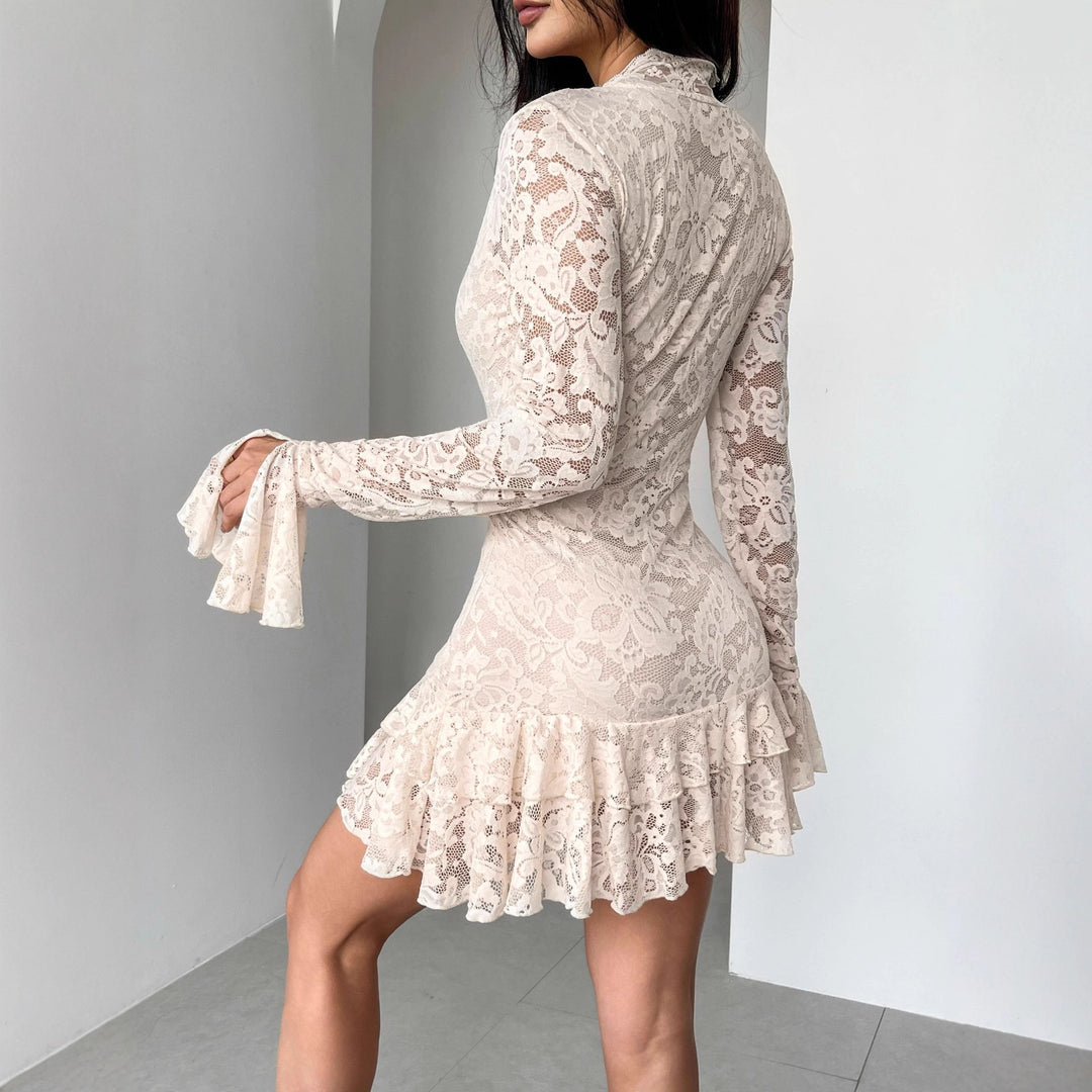 Damen nan tailliertes Spitzen-Minikleid mit tiefem V-Ausschnitt, Trompetenärmeln und Stufenvolant EB