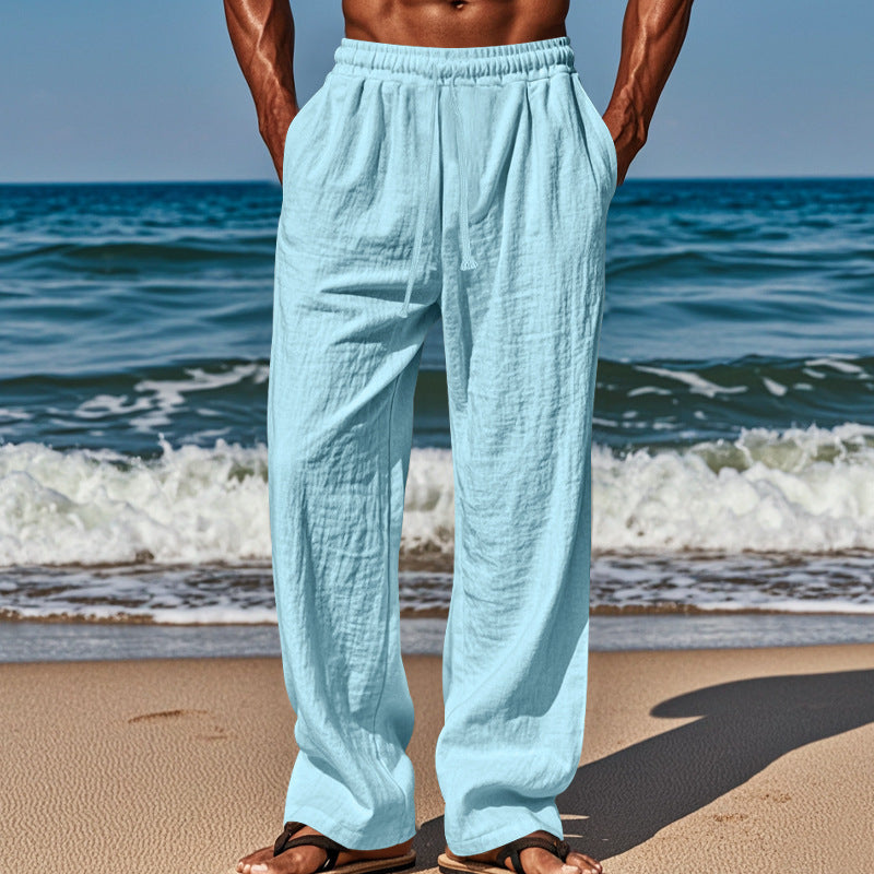 Herren Leichte Leinenhose mit weitem Schnitt, Elastikbund und Kordelzug EB