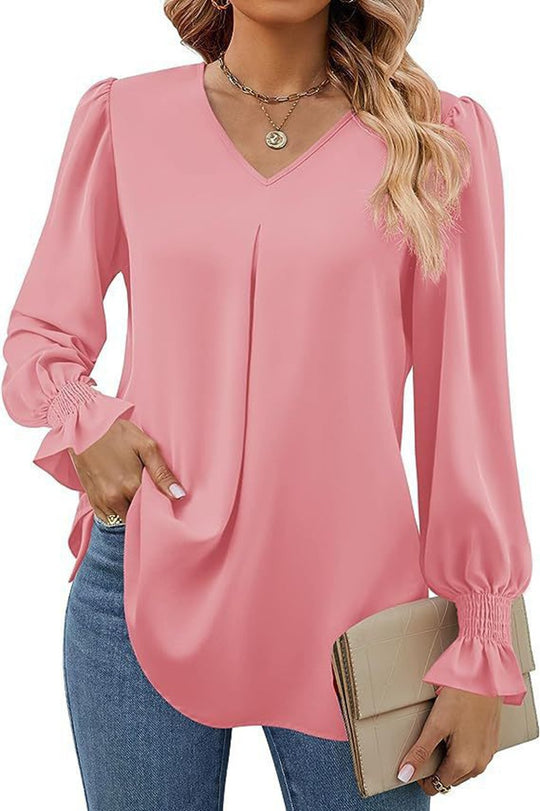Damen fließende V-Ausschnitt Bluse mit eleganten Puffärmeln EB