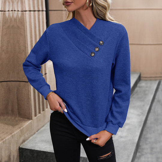 Damen eleganter Pullover mit asymmetrischem Ausschnitt und Knopfdetails EB