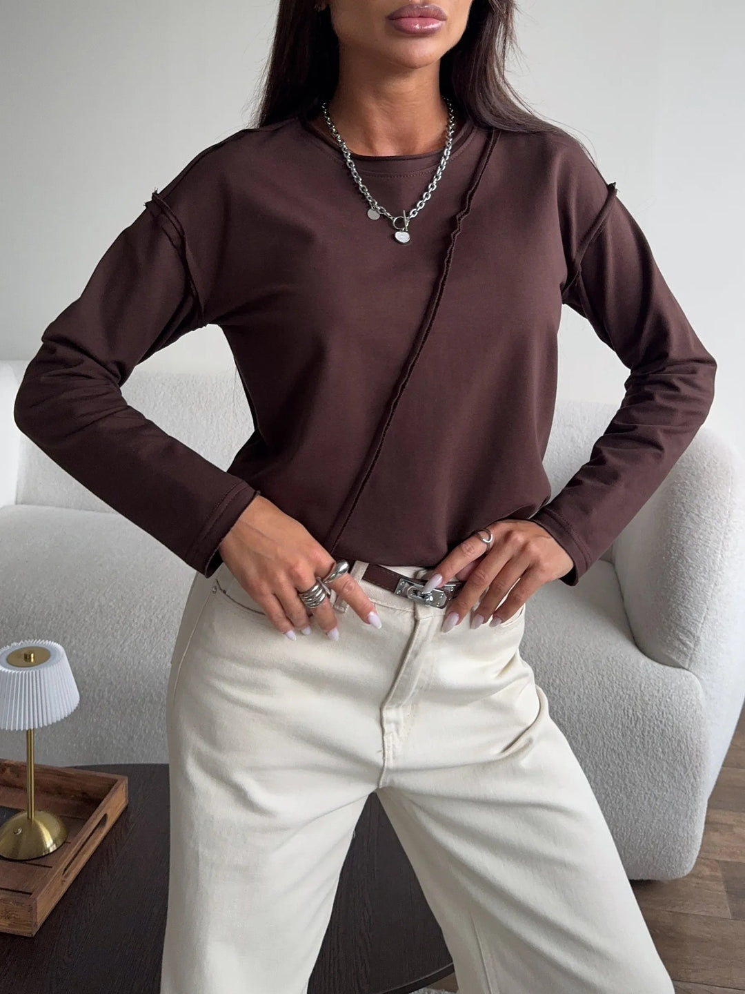 Damen Oversized Longsleeve mit schräger Naht und überschnittenen Schultern EB