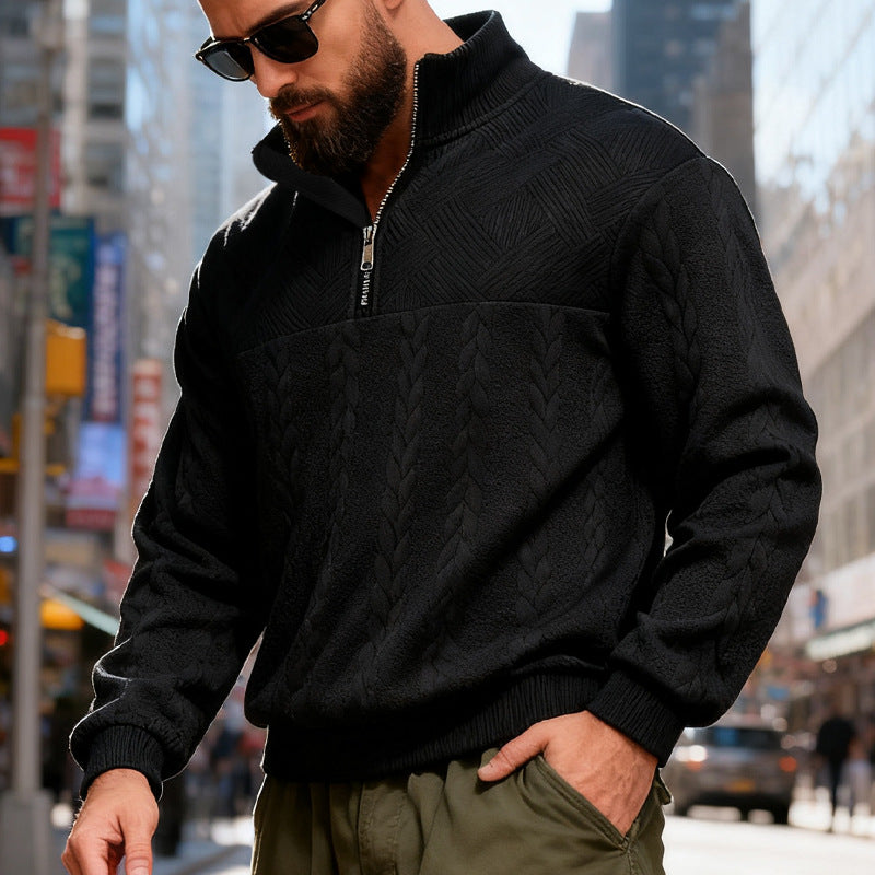 Herren nan strukturiertes Halfzip-Strickpullover mit Zopfmuster und hohem Stehkragen EB