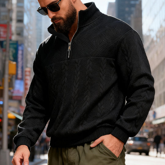 Herren nan strukturiertes Halfzip-Strickpullover mit Zopfmuster und hohem Stehkragen EB