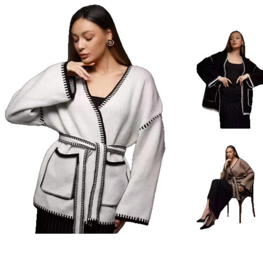 Damen Strickjacke mit Bändern und großen Taschen EB