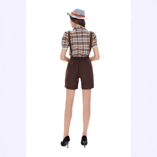 Damen Trachten-Latzhose mit kariertem Oberteil und dekorativer Stickerei EB