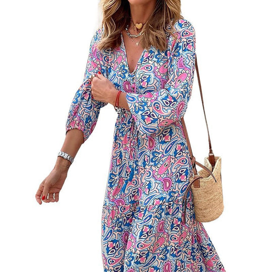 Damen Maxikleid mit elegantem Paisleymuster und Knopfdetails EB