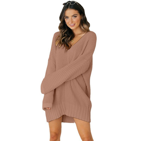 Damen Grobstrick Pulloverkleid mit V-Ausschnitt und lässigem Schnitt EB