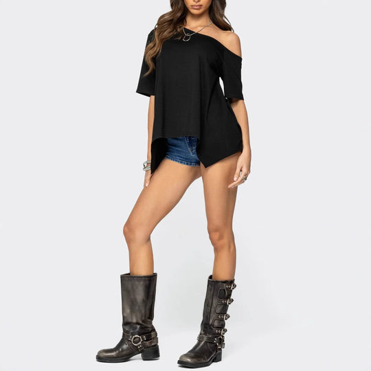 Damen Weit geschnittenes Off-Shoulder T-Shirt EB