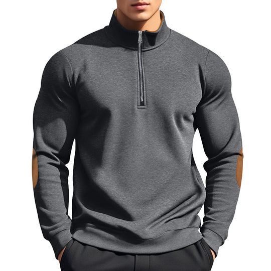 Herren nan halbhoher Zip-Pullover mit Stehkragen, Ellbogen-Patches und modernem Regular Fit EB