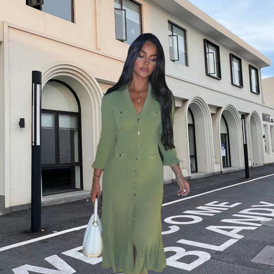 Damen Strickmaxikleid mit Knopfleiste und modischem V-Ausschnitt EB