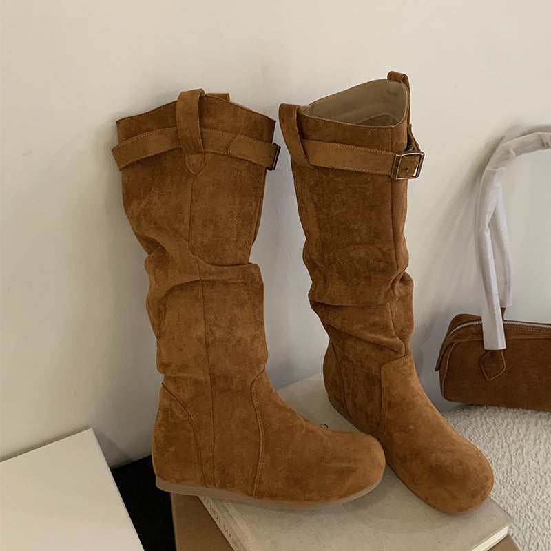 Damen Elegant gefaltete Langschaftstiefel mit modischen Schnallendetails EB