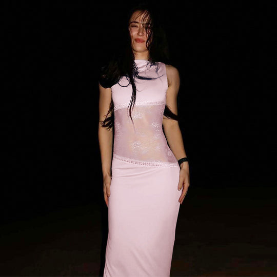 Damen Langes Abendkleid mit transparentem Spitzen-Overlay und figurbetonter Passform EB