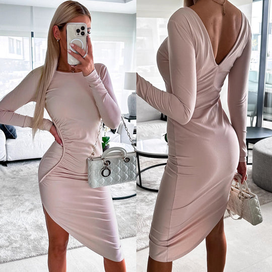 Damen figurbetontes Langarmkleid mit asymmetrischem Schnitt und Raffungen EB