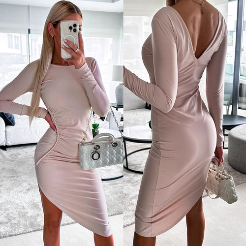 Damen figurbetontes Langarmkleid mit asymmetrischem Schnitt und Raffungen EB