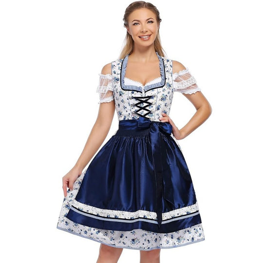Damen nan traditionelles Dirndlkleid mit Schnürung, floraler Baumwollqualität und Schleifen-Schürze EB