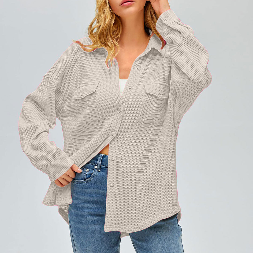 Damen nan oversized Waffelstrick Hemdjacke mit Brusttaschen und Knopfleiste EB