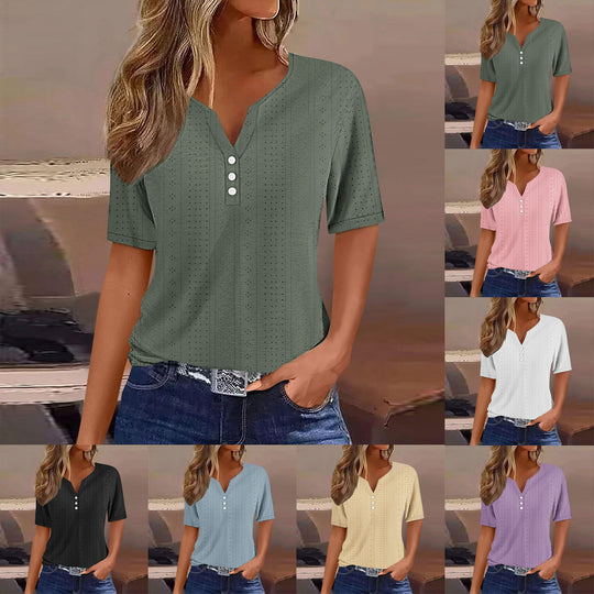 Damen Kurzarm Bluse mit Knopfdetails und feiner Lochmusterstruktur EB