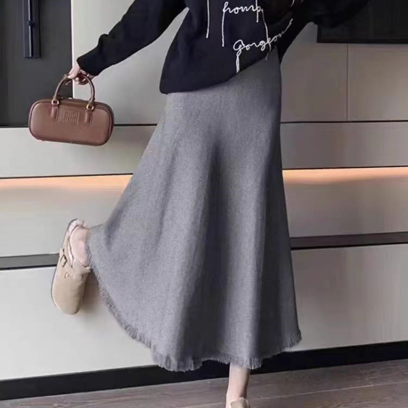 Damen Maxirock aus weichem, strukturiertem Strickstoff mit fransigem Saum EB
